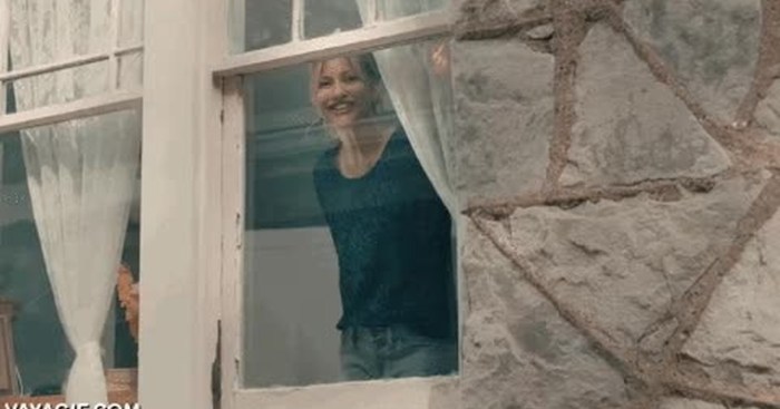 The woman waves in the window
