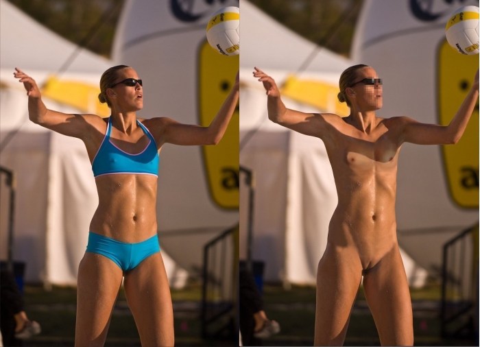 Naked beach volleyball players