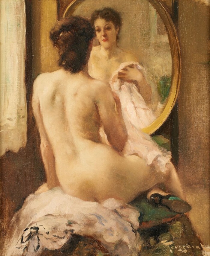 Naked ladies in front of the mirror