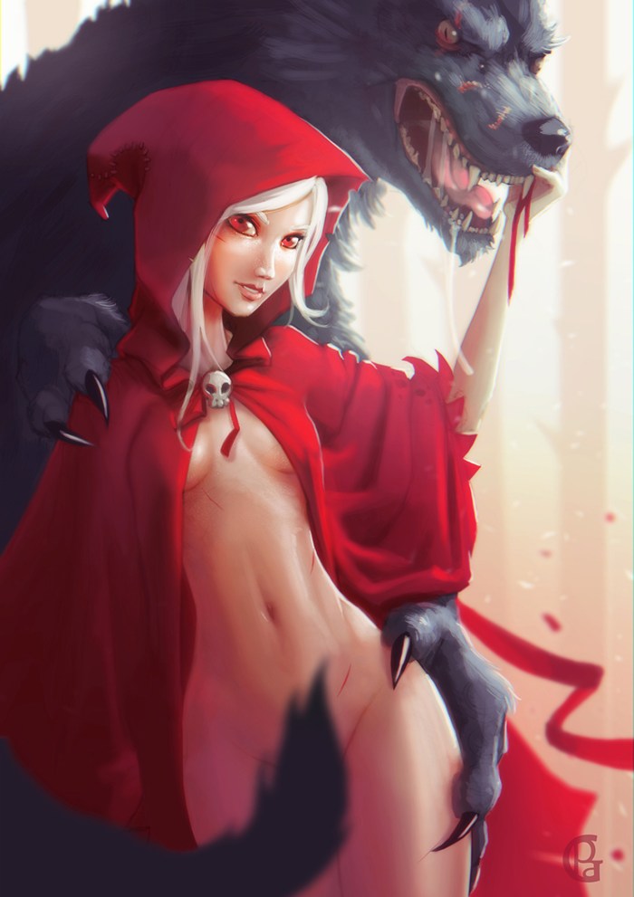 Red hat and gray wolf Art