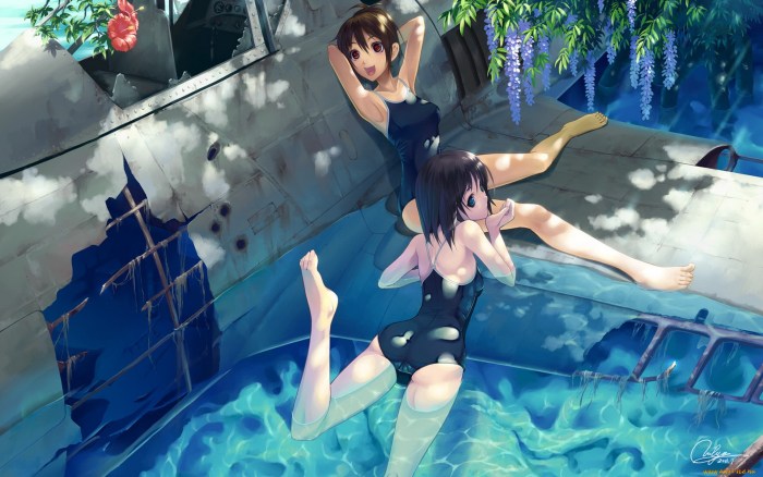 Anime girls in the pool in swimsuits