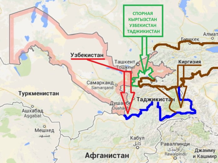 Border of Uzbekistan and Tajikistan map