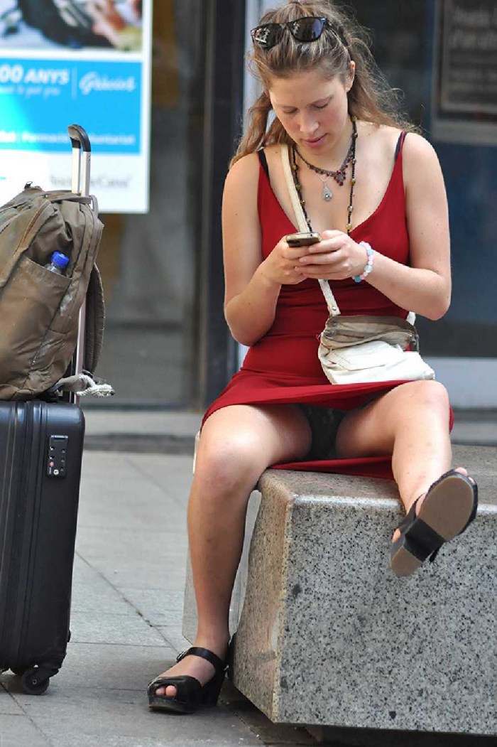 Girls in a dress without panties spreading their legs