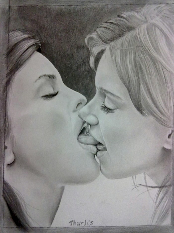 Kissing girls with a pencil