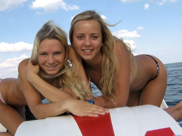 Russian girls in swimsuits at sea