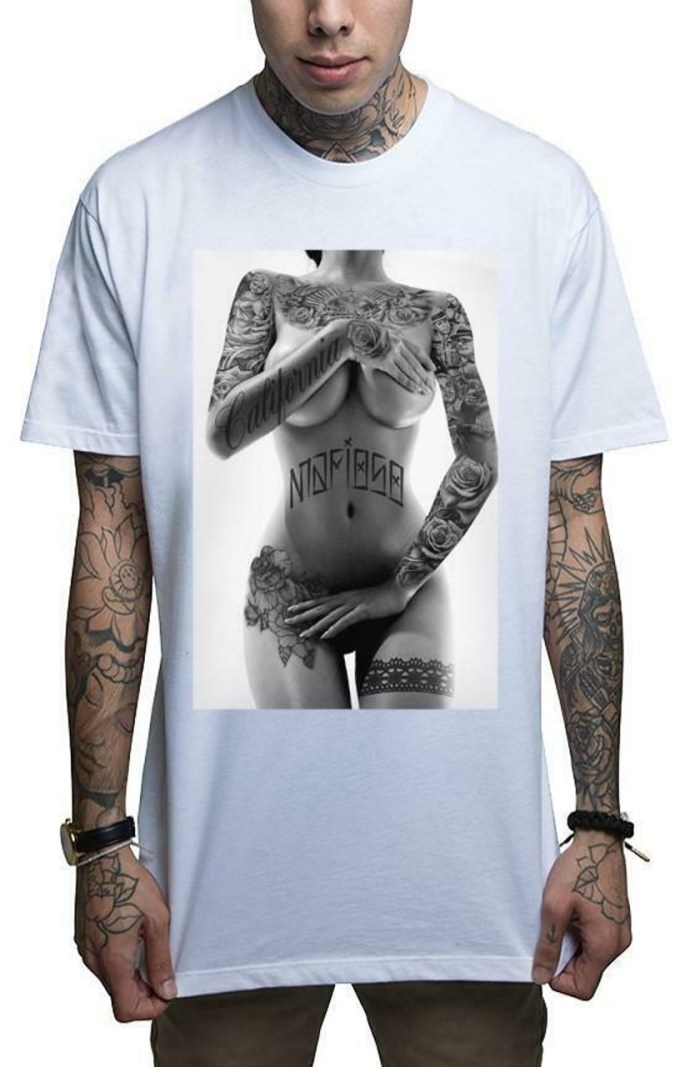 Naked mature in a transparent T -shirt