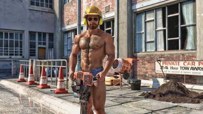 Naked girls at a construction site