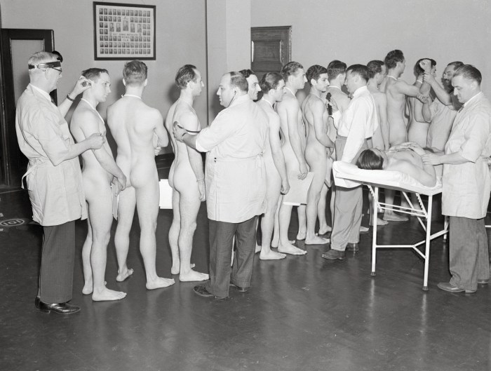Naked men on a medical examination