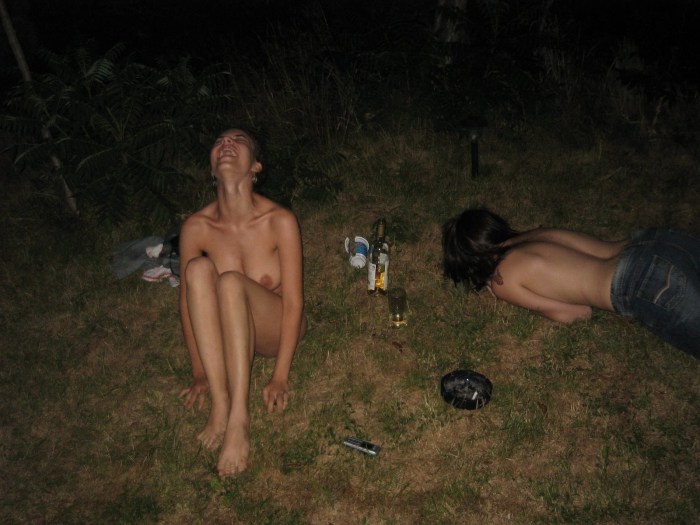 Drunk naked women in nature